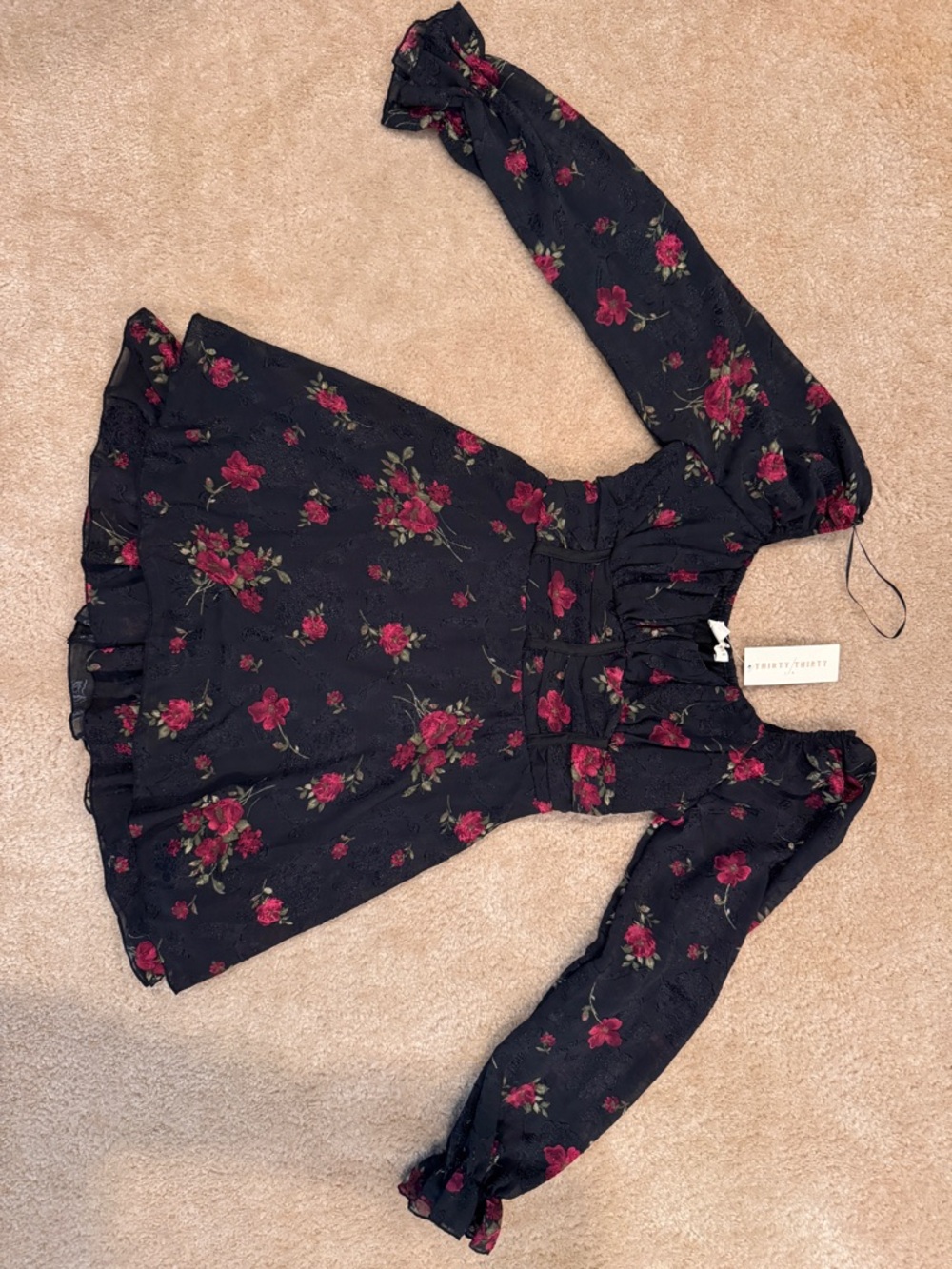 Floral Long Sleeve tunic top - Black with Red Roses